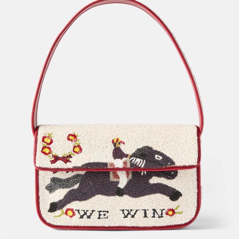 STAUD Beaded Horse Design Shoulder Bag - Red and Cream